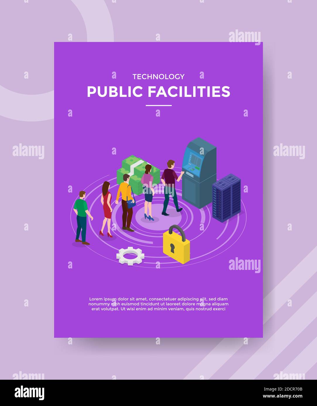 tecnologia strutture pubbliche persone in piedi in attesa in linea anteriore atm macchina per modello di banner, volantino, libri copertina, riviste Illustrazione Vettoriale