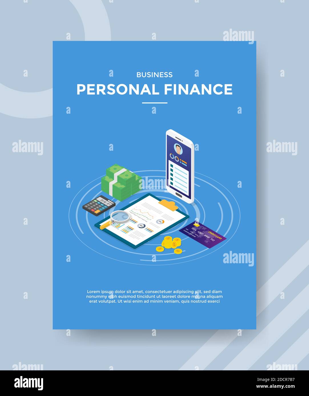 business personal finance money smartphone calcolatrice grafico cartoncino banca per modello di banner, volantino, libri copertina, riviste Illustrazione Vettoriale