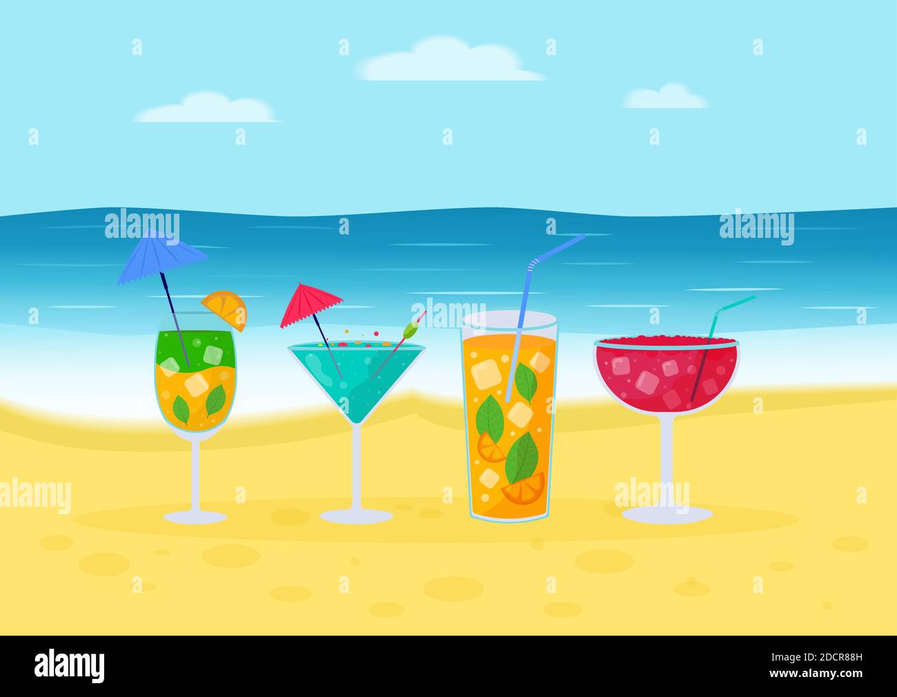 Set di cocktail tropicali. Bevande alcoliche estive in calici sulla  spiaggia, mojito, vodka, sambuca, martini, succhi, maria sanguinosa.  Concetto di vacanza per Immagine e Vettoriale - Alamy