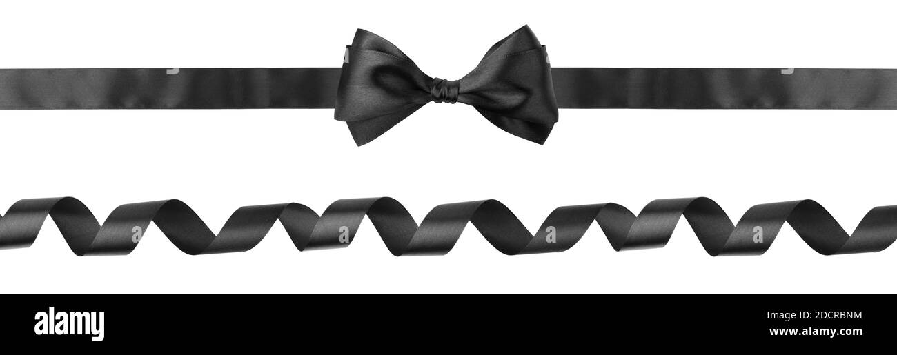 Nastro ricci nero e arco isolato su sfondo bianco, Black friday regalo concetto di vendita Foto Stock