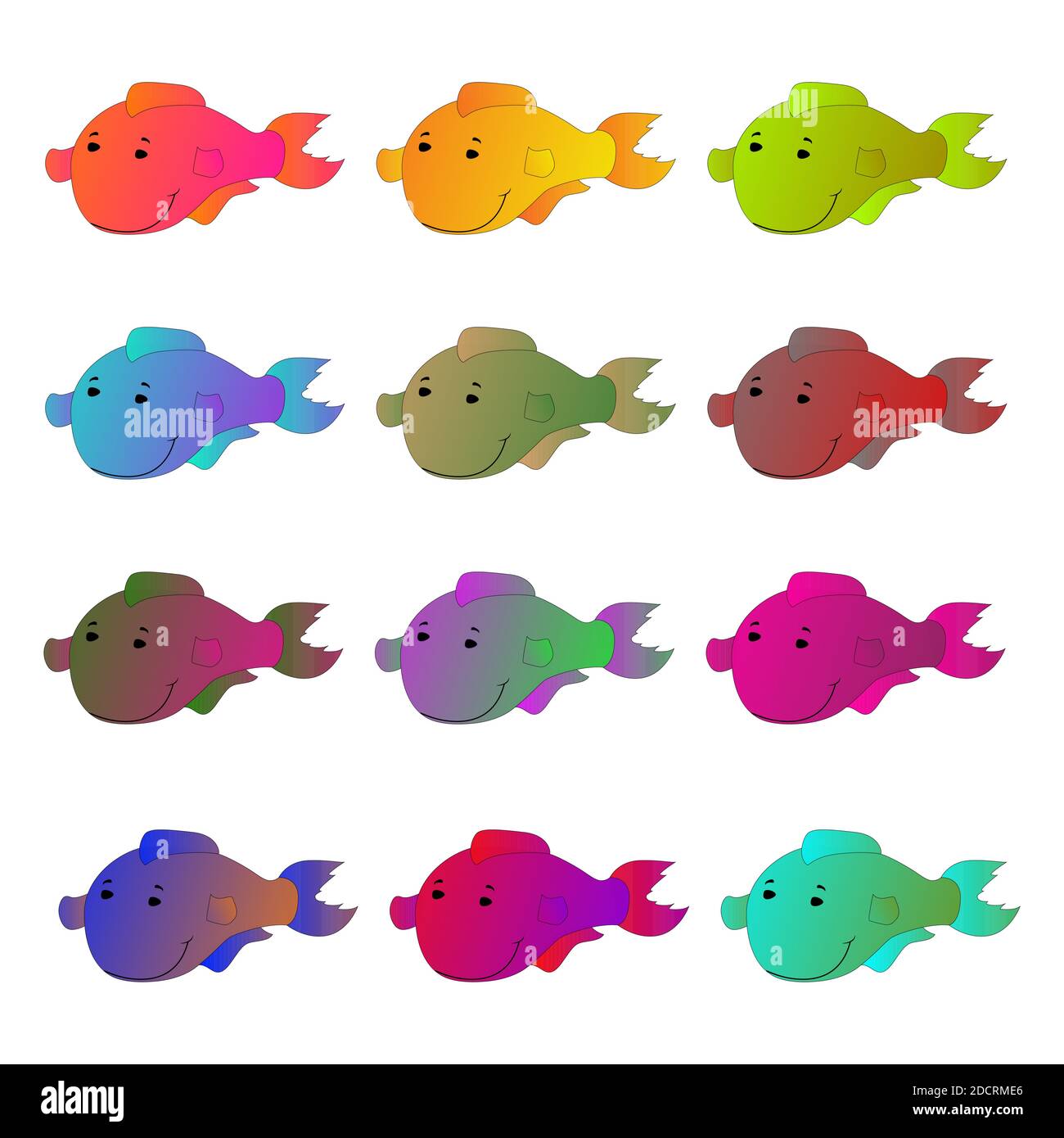 Balena, pesce in nove diversi colori gradiente illustrazione. Su uno sfondo bianco isolato. Illustrazione Vettoriale