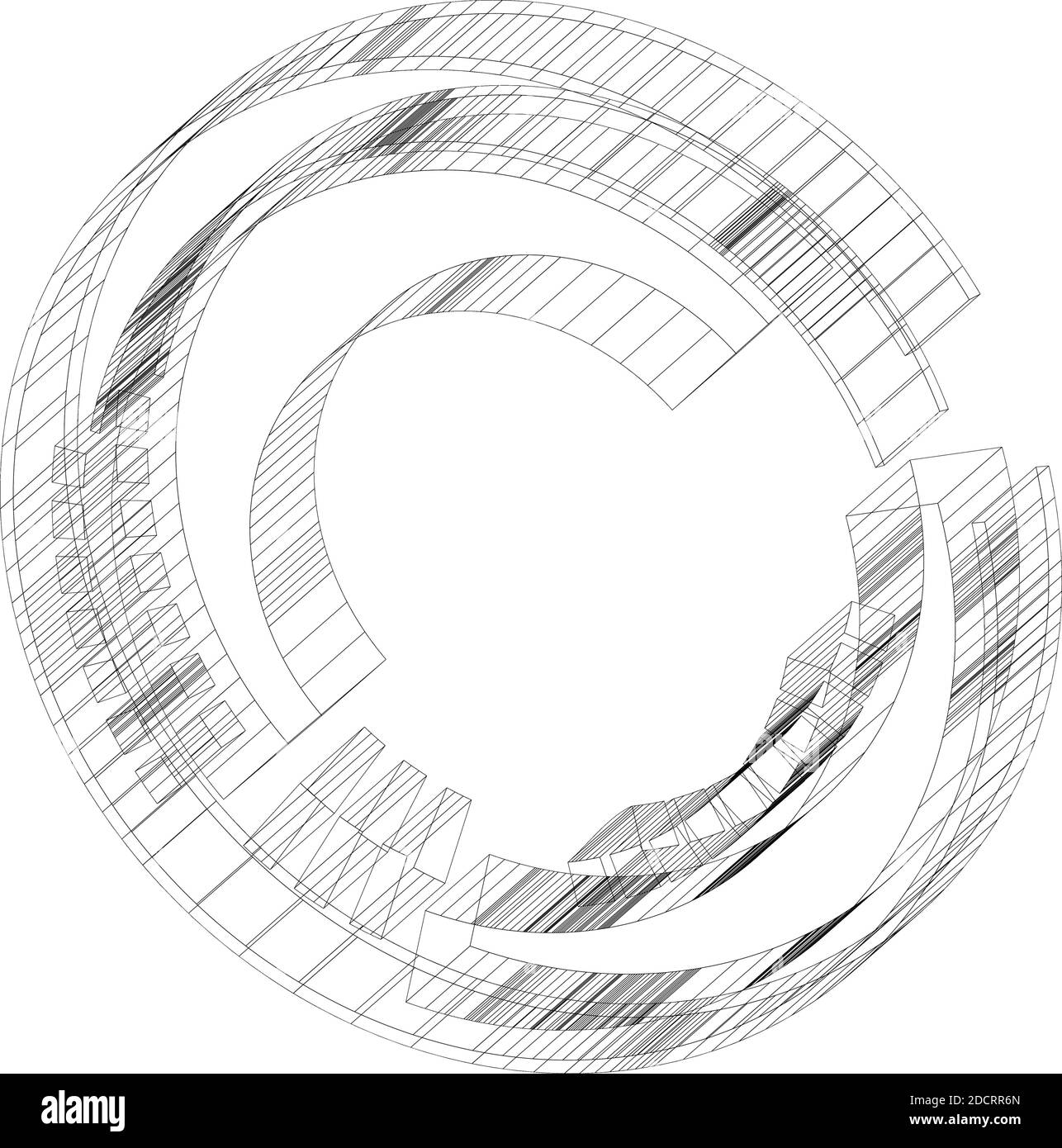 Oggetto 3d wire-frame - Sci-fi geometrico, Cybernetica, cerchio segmentato Cyber, elemento di design ad anello. HUD astratto, GUI, UI forma circolare – vettore stock Illustrazione Vettoriale