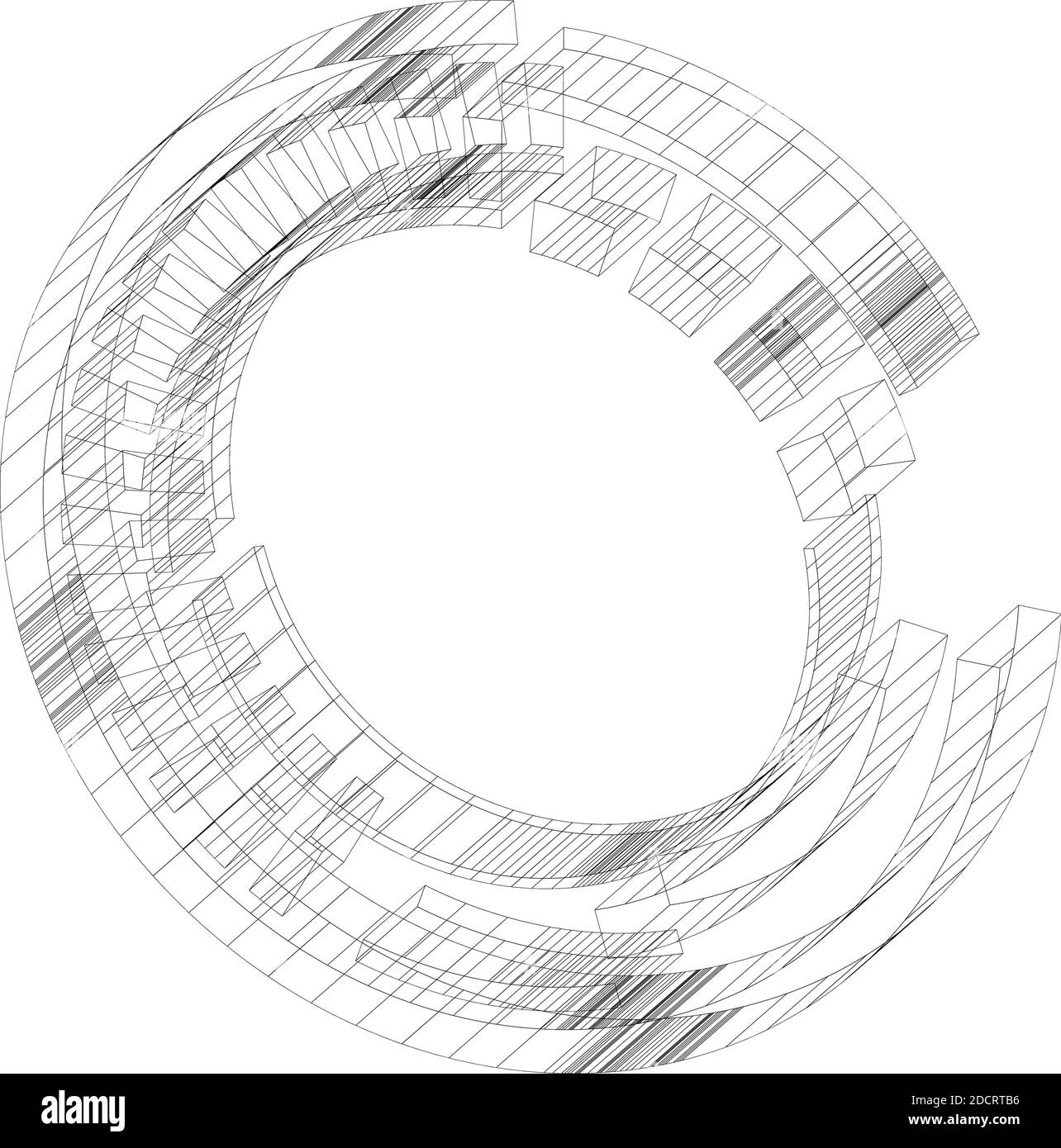 Oggetto 3d wire-frame - Sci-fi geometrico, Cybernetica, cerchio segmentato Cyber, elemento di design ad anello. HUD astratto, GUI, UI forma circolare – vettore stock Illustrazione Vettoriale