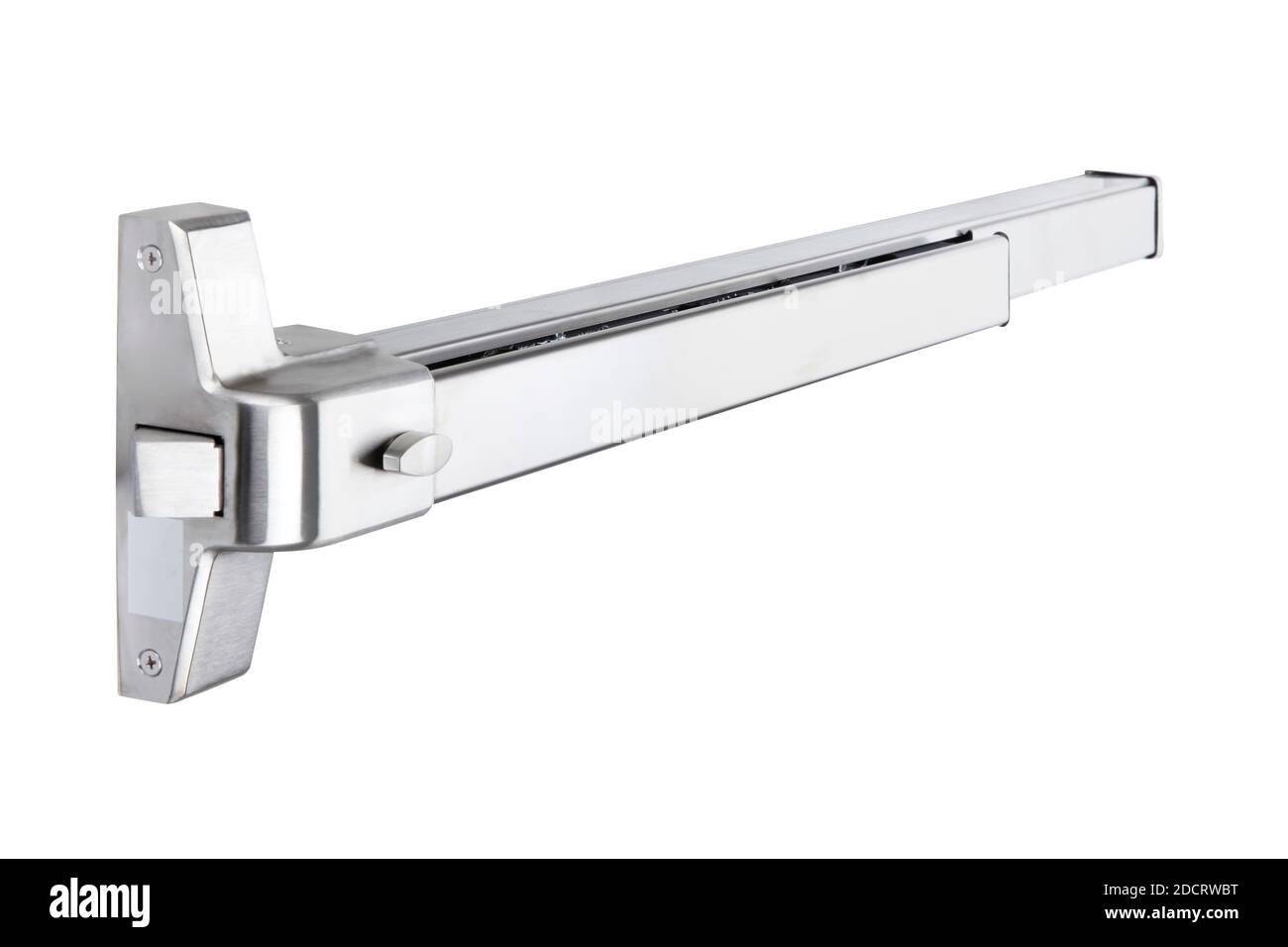 Maniglia della portiera in alluminio isolata su sfondo bianco. blocco dello sportello dell'uscita di emergenza Foto Stock