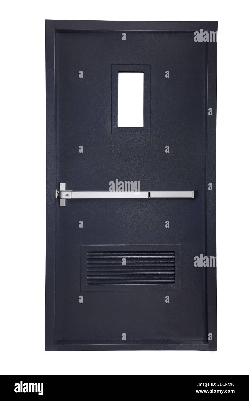 Porta dell'uscita di emergenza su sfondo bianco Foto Stock