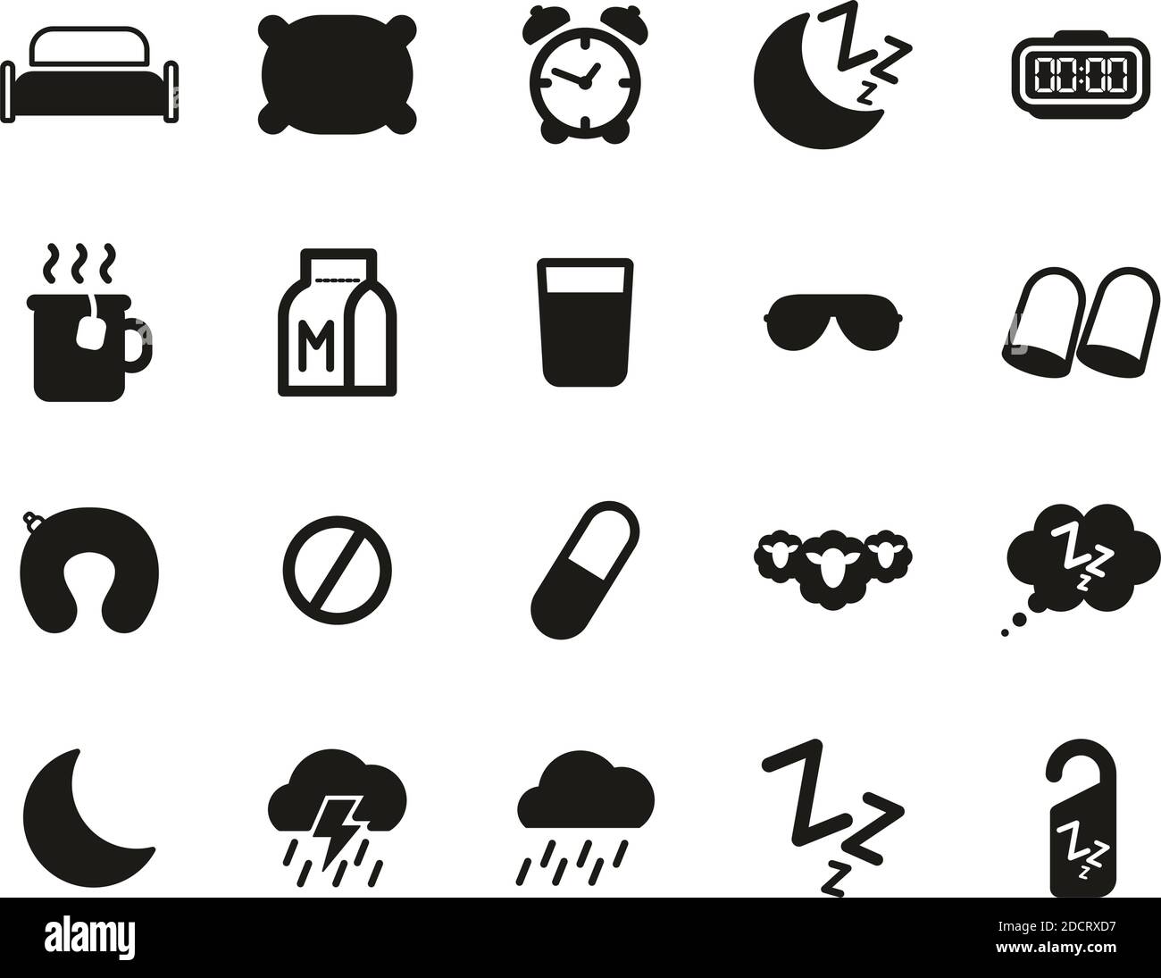 Icone di sonno o dormiente Bianco e nero Set Grande Illustrazione Vettoriale