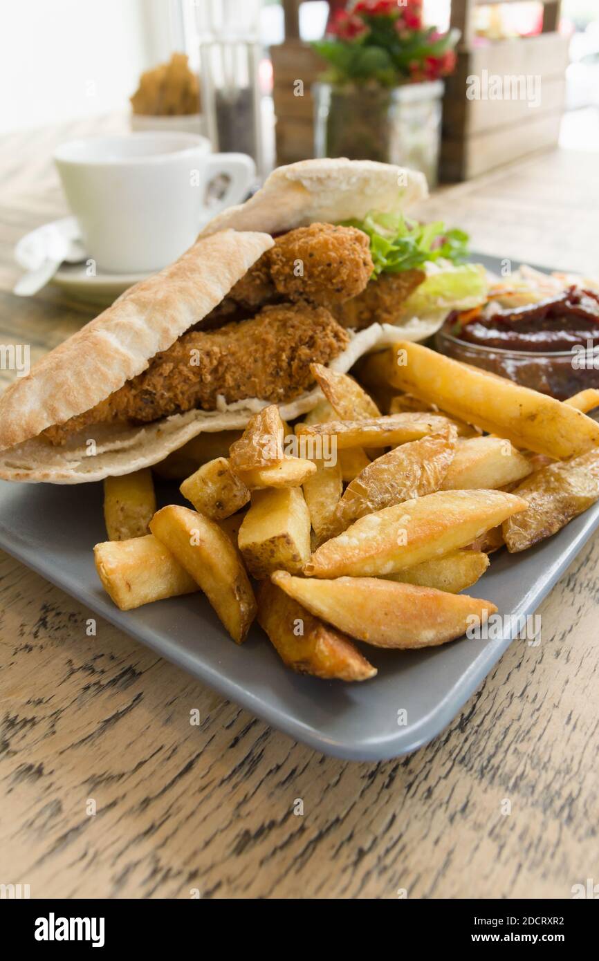 Pelle su Fries con le strisce di pollo fritto meridionale in pitta pane Foto Stock