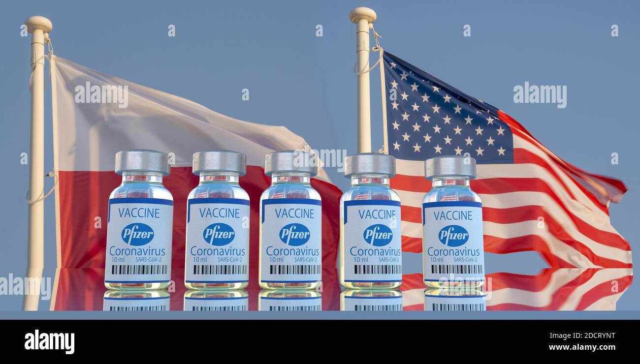 Vaccino Covid-19 sviluppato da Pfizer sullo sfondo del Bandiere DI STATI UNITI e Polonia l'illustrazione si riferisce alla firma di un accordo tra il Foto Stock