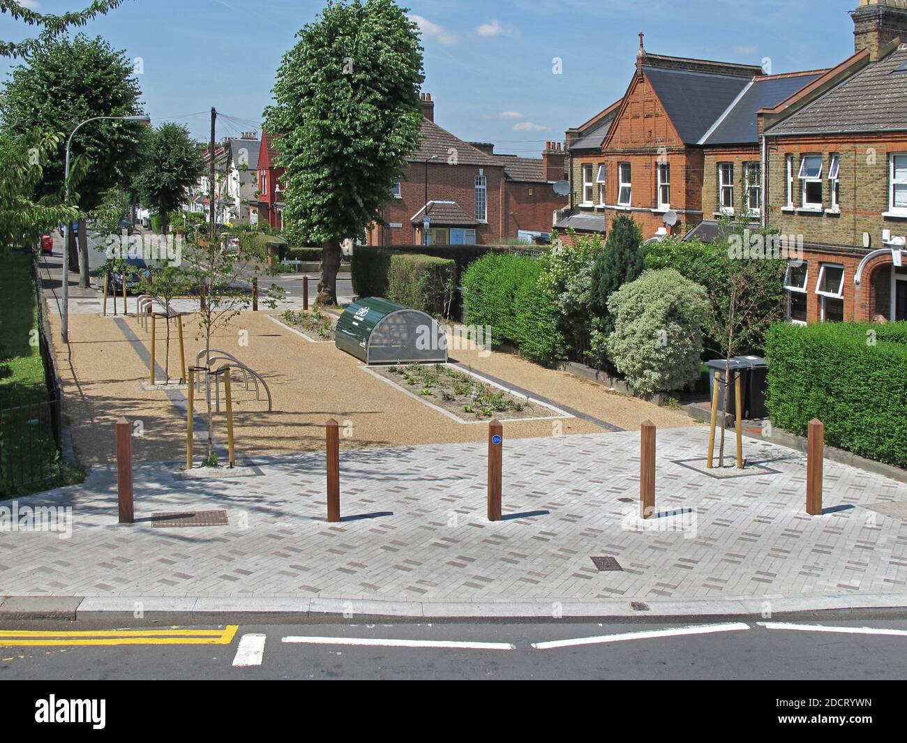 Palmerston Rd & Northcote Rd, chiusura svincolo e paesaggio, Walthamstow, Londra, Regno Unito. Parte del programma Mini Holland di Waltham Forest per strade più sicure Foto Stock