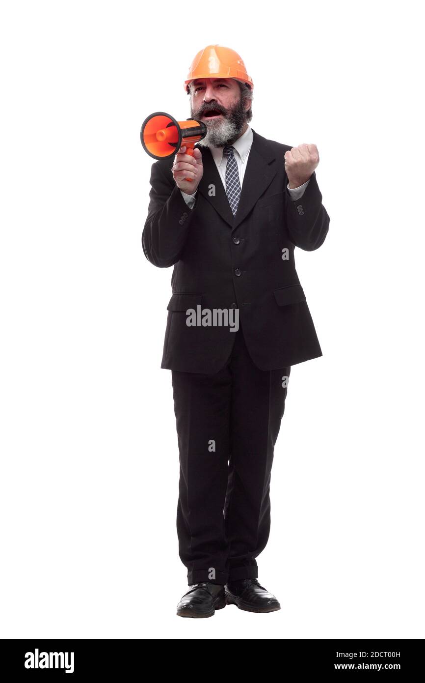 in piena crescita. un uomo d'affari con un megafono. Foto Stock in piena crescita. un uomo d'affari con un megafono. Foto Stock