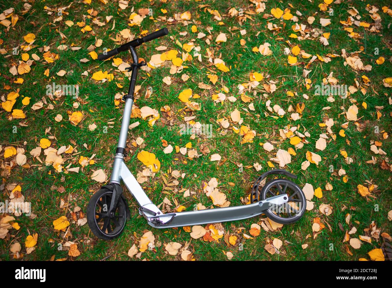 Scooter nel parco cittadino su un'erba con foglie d'autunno come sfondo Foto Stock