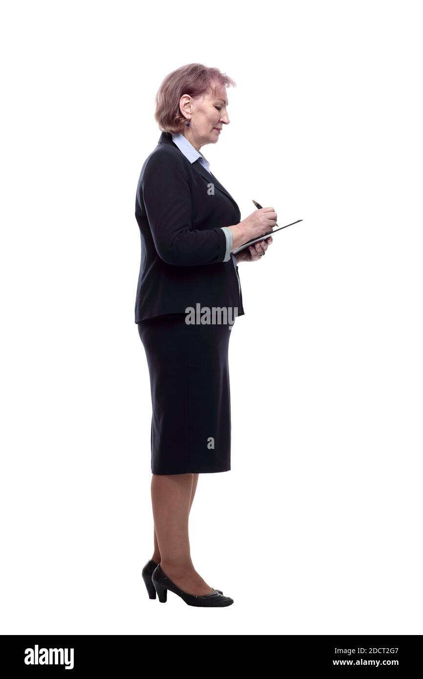 donna d'affari che prende appunti negli appunti. isolato su un bianco Foto Stock