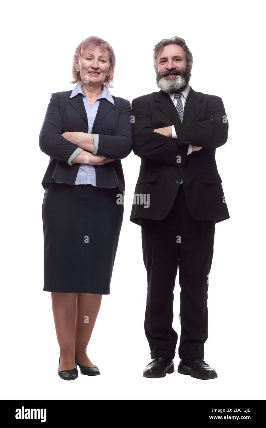 uomo d'affari e donna d'affari che camminano insieme. isolato su un bianco Foto Stock