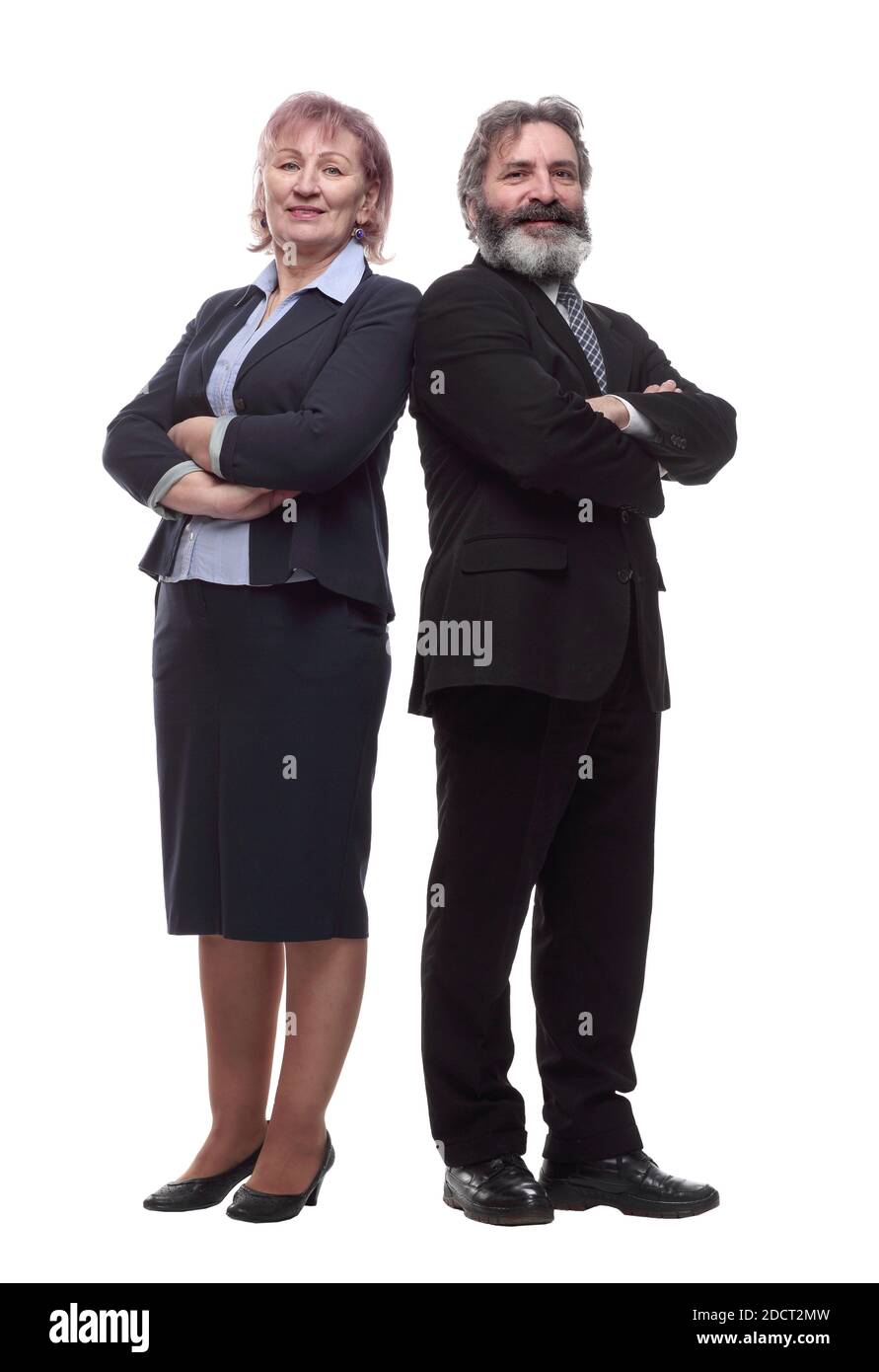 uomo d'affari e donna d'affari che mostrano pollici in su. isolato su un bianco Foto Stock