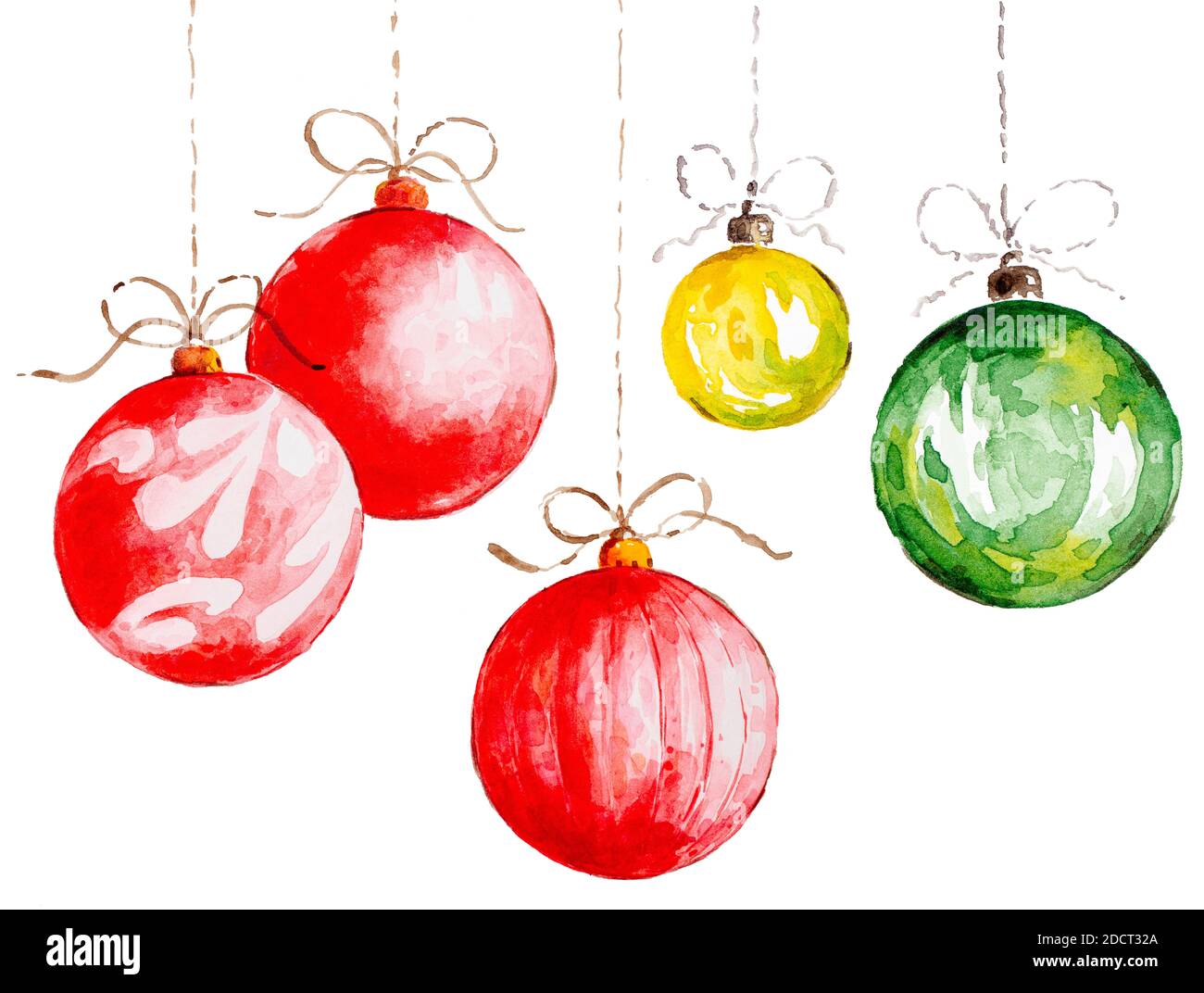 New Year's, Set palline per la decorazione dell'albero di Natale nei colori rosso, verde, giallo. Disegno acquerello. Foto Stock