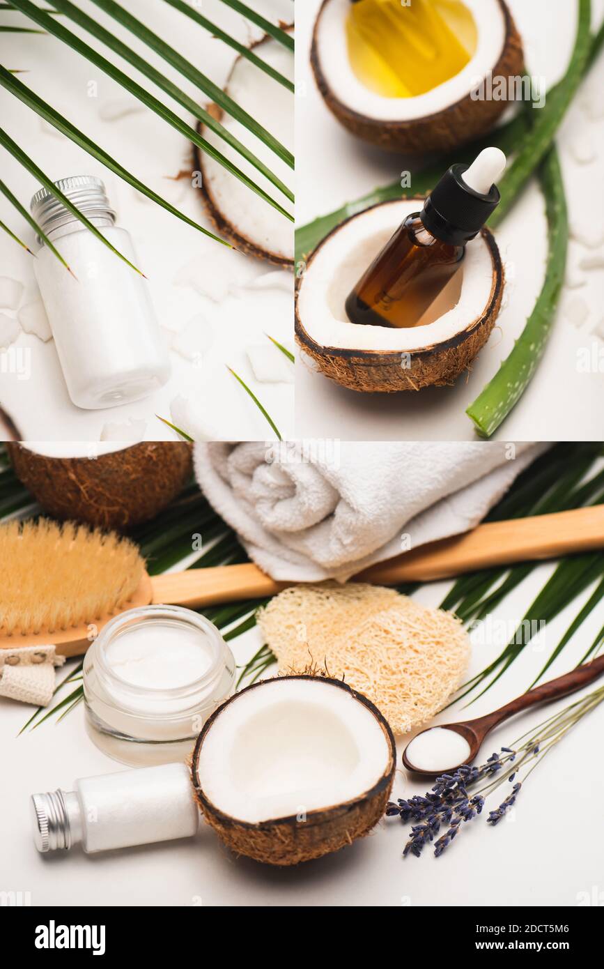 collage di ingredienti naturali, cosmetici fatti in casa, spazzolino da massaggio, asciugamano e spugne vicino a foglie di palma su bianco Foto Stock