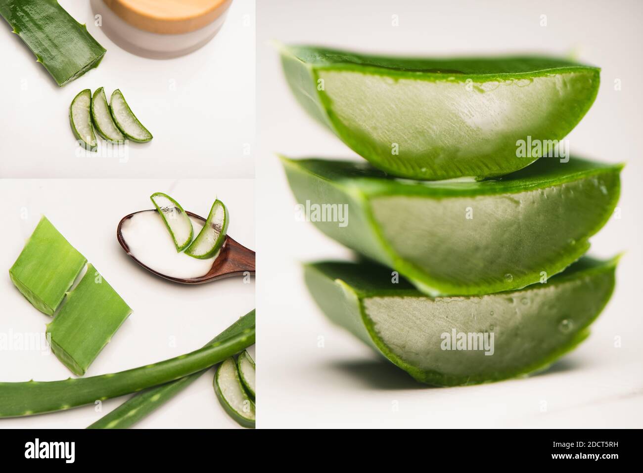 collage di foglie di aloe vera tagliate, cucchiaio di legno e contenitore con crema cosmetica fatta in casa su bianco Foto Stock