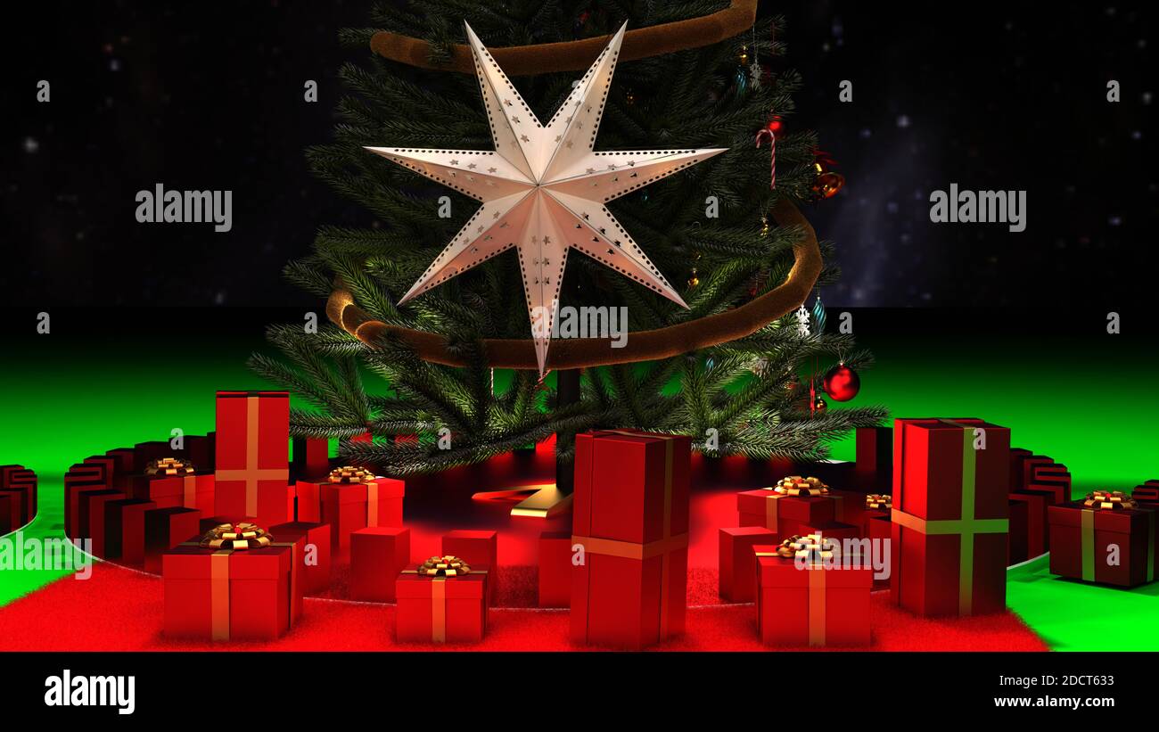 Albero decorativo di Natale con stelle e scatole regalo di colore rosso brillante che si legano con nastro d'oro. Rendering 3D Foto Stock