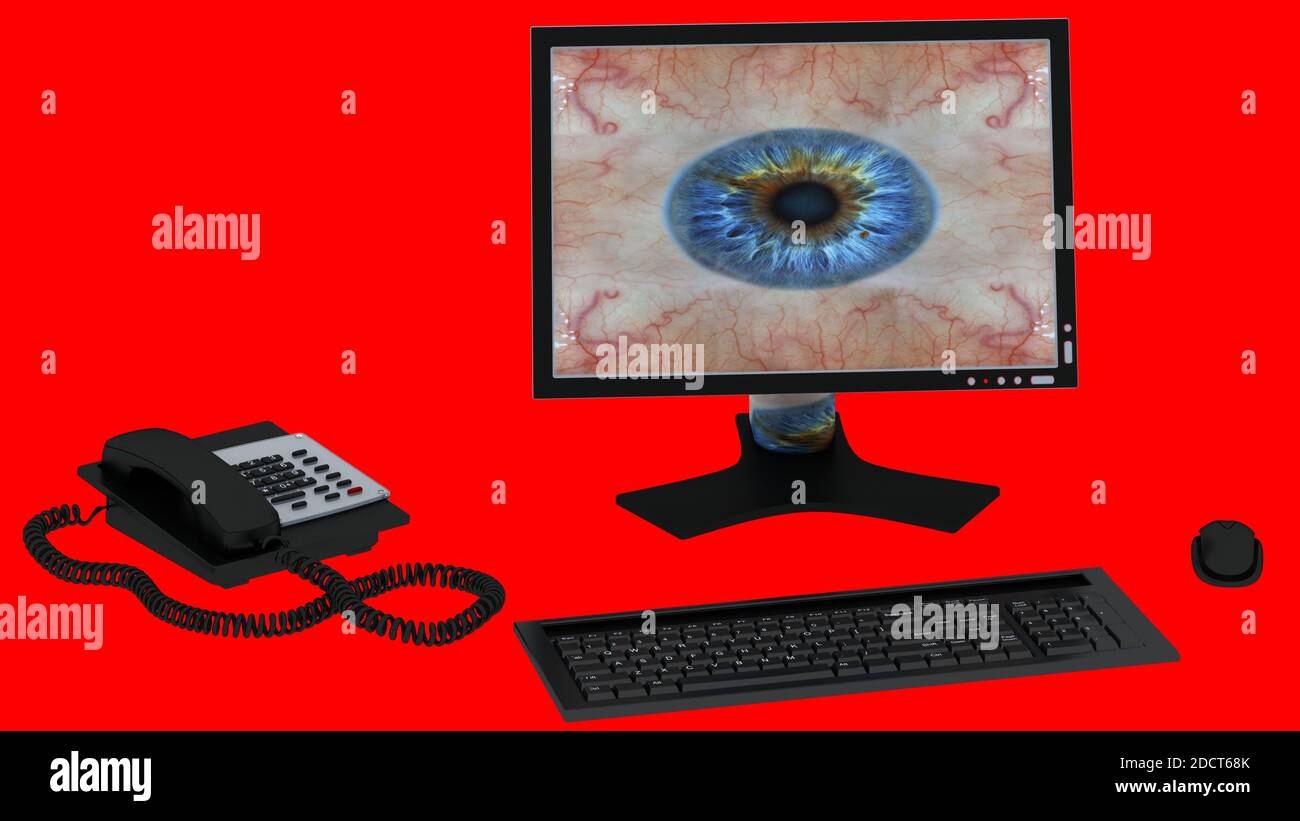 desktop, tastiera e mouse con telefono isolato su sfondo rosso. rendering 3d Foto Stock