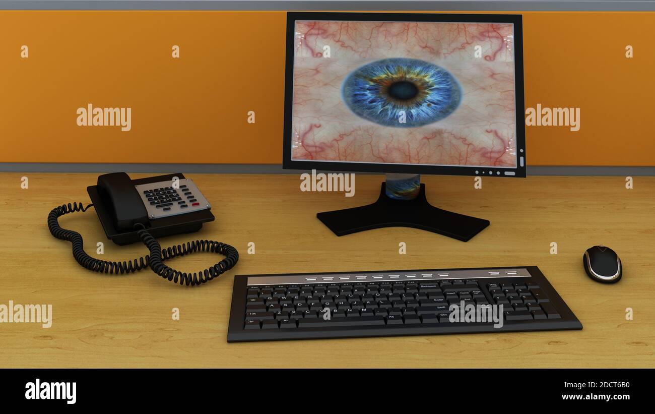 scrivania, tastiera e mouse con telefono isolato sulla scrivania. rendering 3d Foto Stock