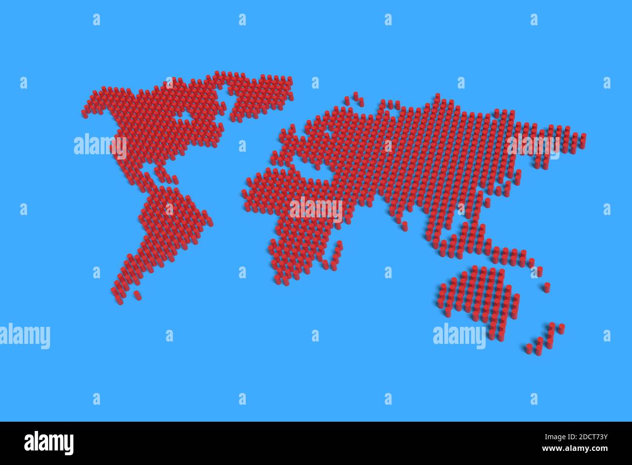 Mappa del mondo fatta di colonne rosse. illustrazione 3d. Foto Stock