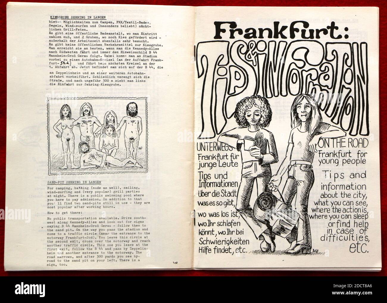 Foto di un opuscolo gratuito di suggerimenti e informazioni dato agli studenti in visita a Francoforte Germania Ovest nel luglio 1976 con informazioni sulla spiaggia naturista Foto Stock