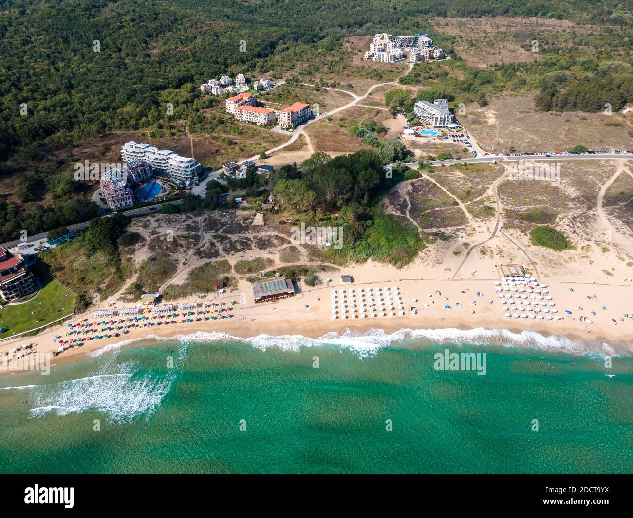 Vista aerea della spiaggia di Smokinya vicino Sozopol, regione di Burgas, Bulgaria Foto Stock