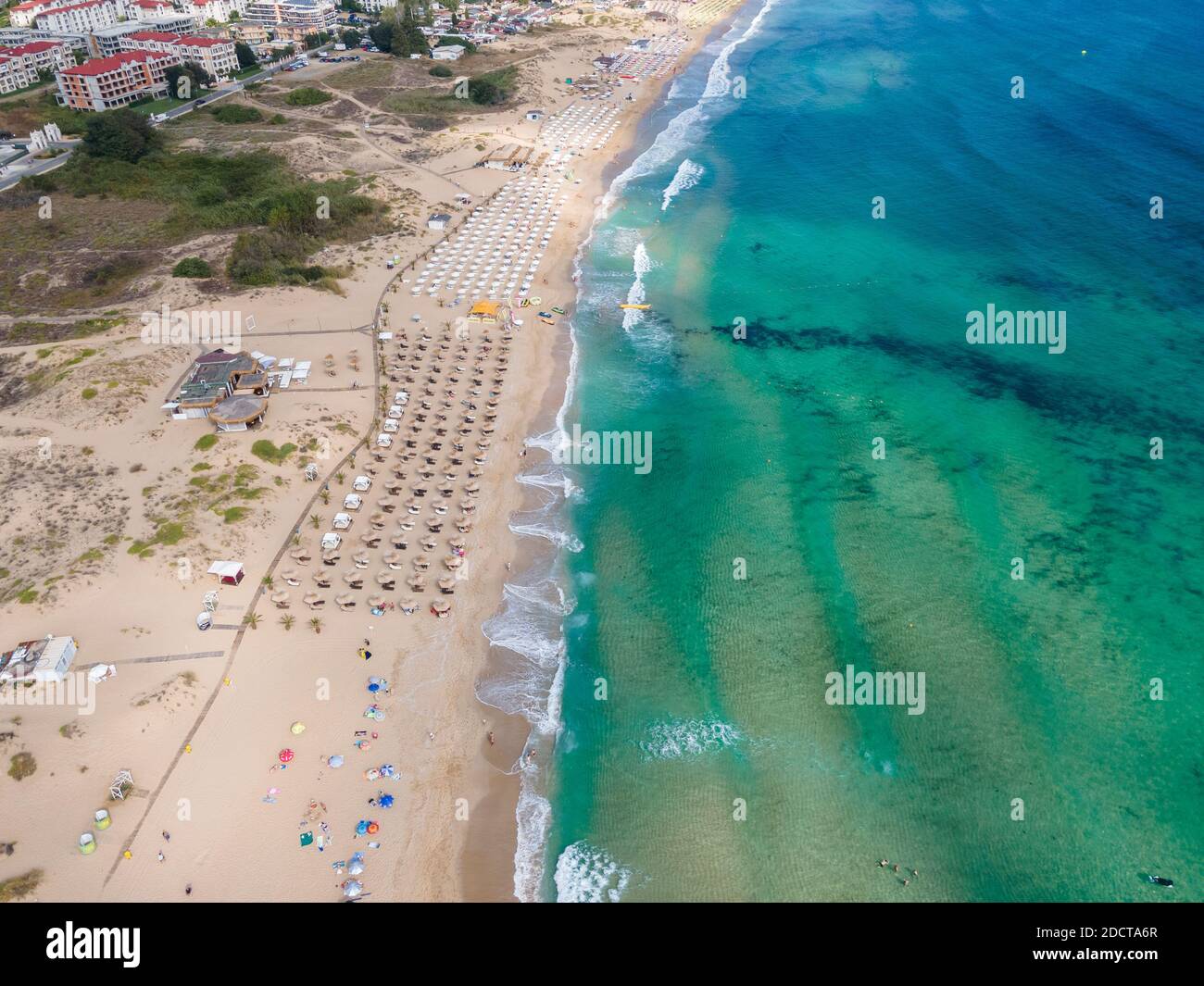 Vista aerea della spiaggia di Smokinya vicino Sozopol, regione di Burgas, Bulgaria Foto Stock