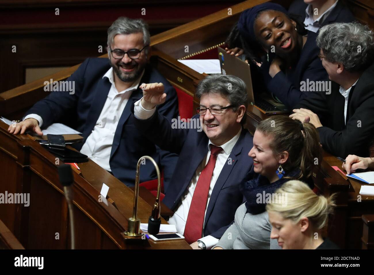 Jean-Luc Melenchon Presidente del 'gruppo la France Insoumise' durante la sessione delle interrogazioni al governo nell'Assemblea nazionale di Parigi, Francia il 17 gennaio 2018 Foto di Henri Szwarco/ABACAPRESS.COM Foto Stock