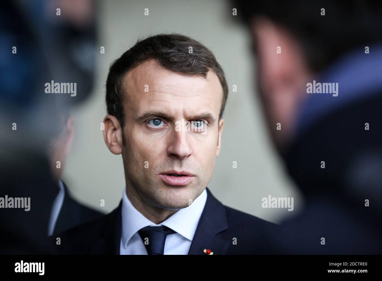 Emmanuel Macron, presidente della Repubblica francese, reagisce alla spia avvelenata e sostiene Theresa May mentre visita la scuola superiore Therese Planiol come parte di un viaggio a Indre-et-Loire sul tema dell'educazione e della formazione professionale , il 15 marzo 2018 a Loches, Francia centrale. Foto di Pascal Montagne/ABACAPRESS.COM Foto Stock