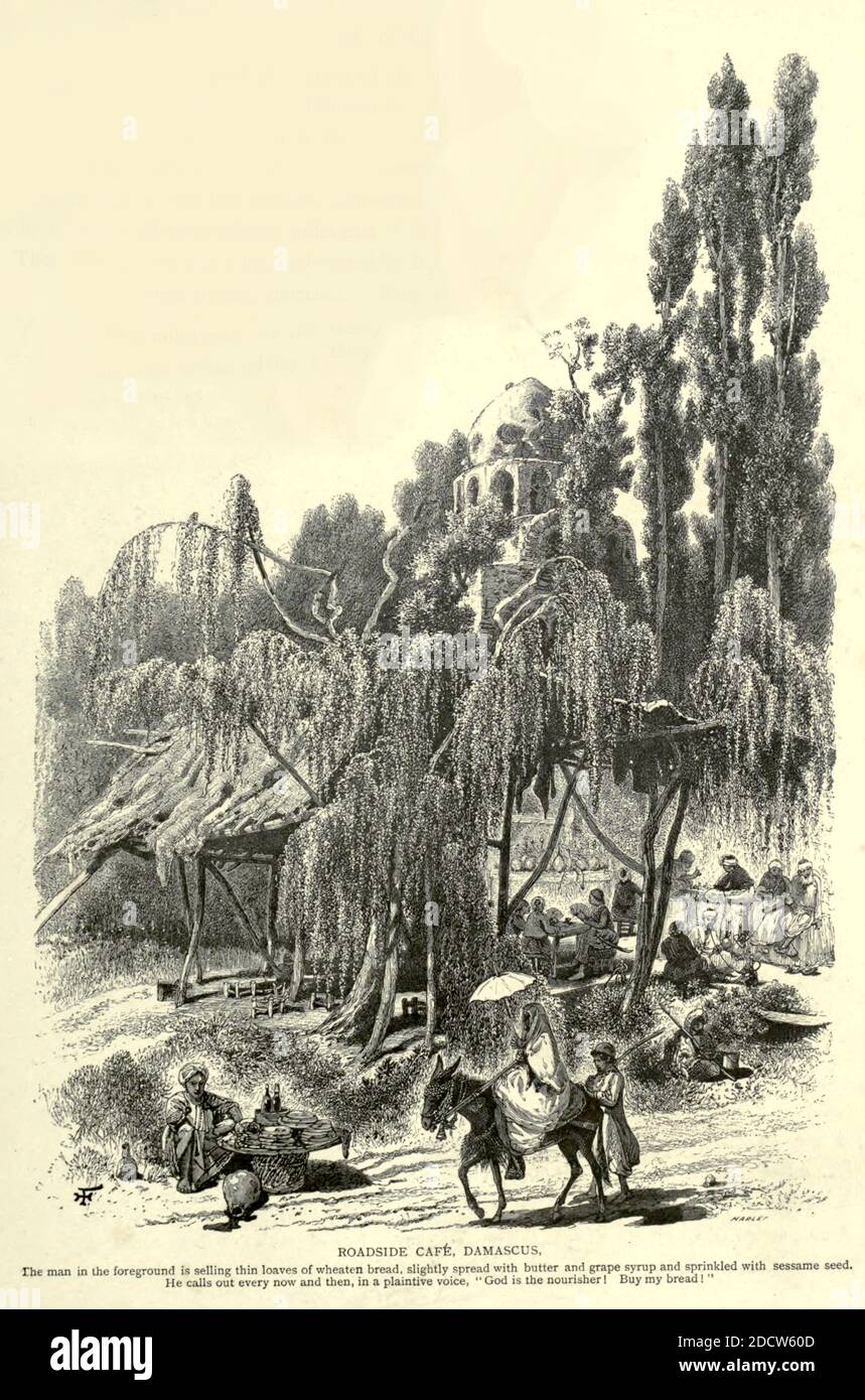 Roadside cafe, Damasco, Siria incisione su legno dalla pittoresca Palestina, Sinai e Egitto di Wilson, Charles William, Sir, 1836-1905; Lane-Poole, Stanley, 1854-1931 Volume 2. Pubblicato a New York da D. Appleton nel 1881-1884 Foto Stock