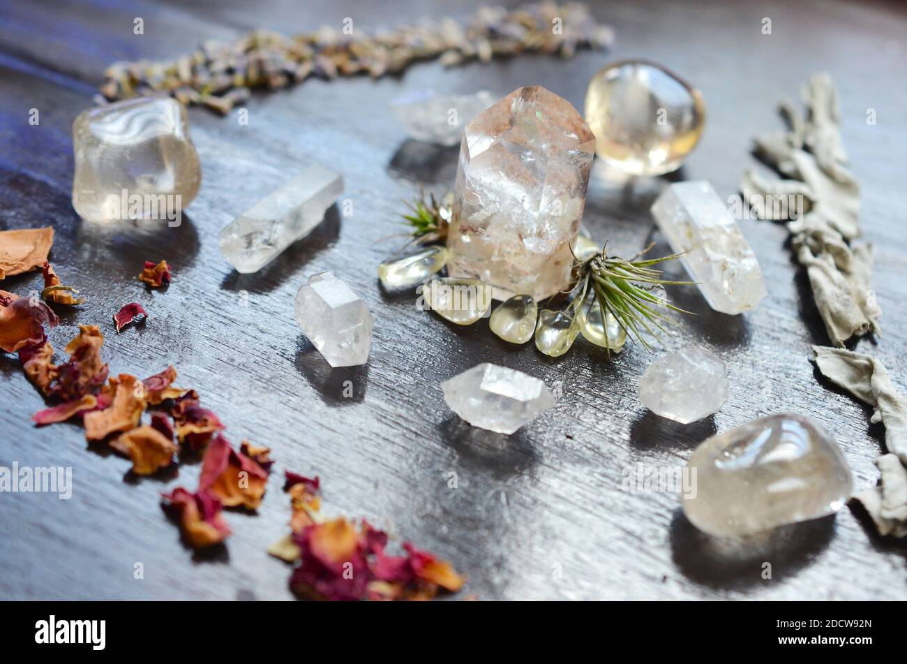 Kit griglia di meditazione. Quartz Tower, Natural Citrine, Herkimer Diamonds, Quartz Points, Lavanda, Sage, Rose. Kit Alter pacchetto di cristalli Healing, Wiccan. Foto Stock