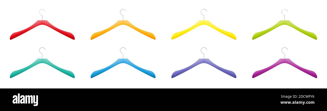 Appendiabiti colorati in plastica, diversi colori, rosso, arancione, giallo, verde, blu, viola Set - illustrazione su sfondo bianco. Foto Stock