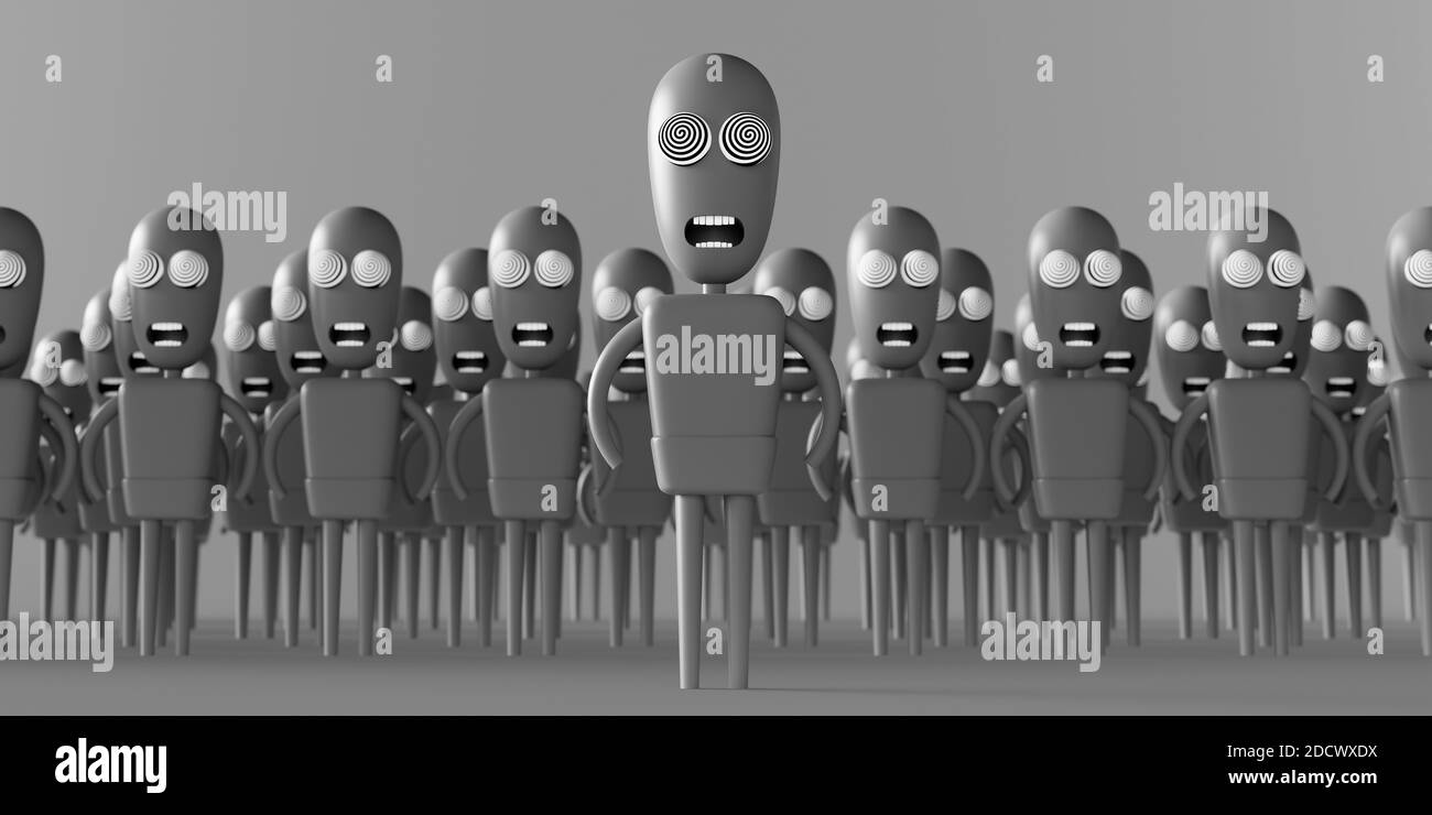 Ipnotizzati zombie persone. Dipendenza da mass media. Manipolazione televisiva e controllo mentale. Concetto di lavaggio del cervello. rappresentazione 3d illustrazione 3d Foto Stock