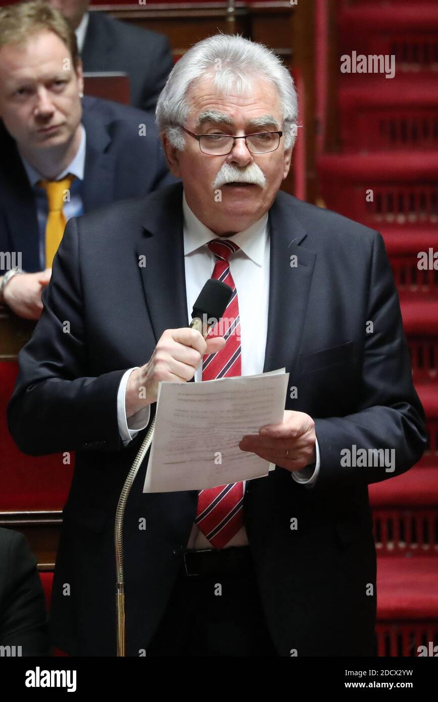 Andre Chasseigne, presidente del gruppo "Gauche democrate et republicaine" durante una sessione di "interrogazioni al governo" all'Assemblea nazionale francese di Parigi, Francia, il 14 febbraio 2018. Foto di Henri Szwarc/ABACAPRESS.COM Foto Stock