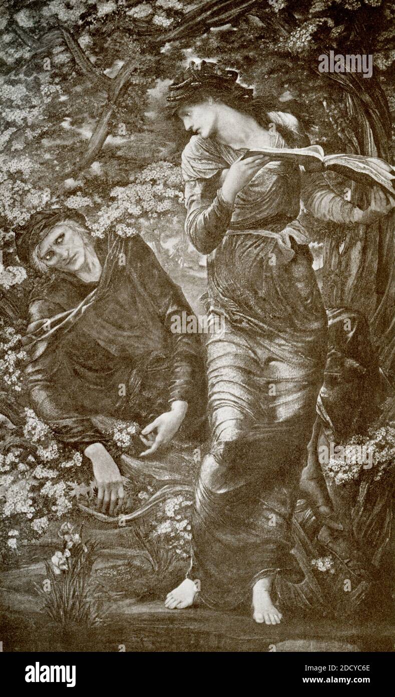 Il begiling di Merlin è un dipinto del pittore britannico di Pre-Raphaelite Edward Burne-Jones che è stato creato tra il 1872 e il 1877. Il dipinto raffigura una scena della leggenda arturiana sull'infatuazione di Merlin con la Signora del Lago, Nimue. Merlin viene mostrato intrappolato, impotente in un cespuglio di biancospino come Nimue legge da un libro di incantesimi. Re Artù è il leggendario sovrano britannico della fine del V e dell'inizio del 6 ° secolo. Merlin è il veggente leggendario, mago, mago della leggenda arturiana. Sir E. Burne-Jones (1833-1898) è stato un . Foto Stock