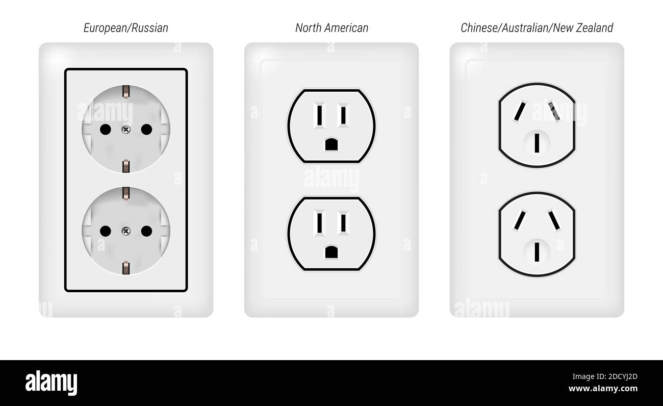 Prese elettriche doppie. Illustrazione 3D realistica. Foto Stock