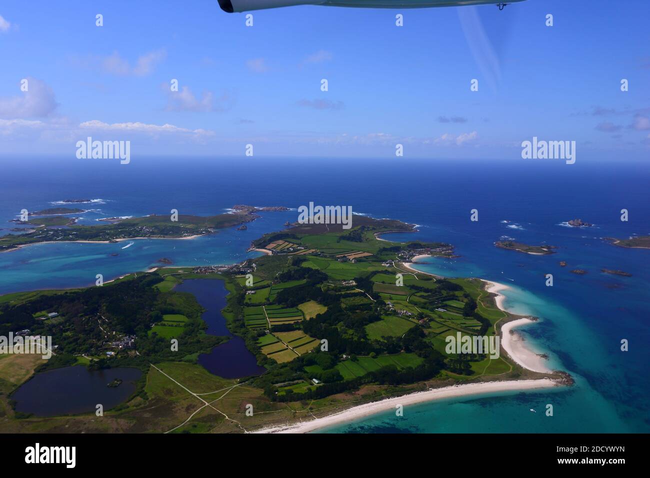 GRAN BRETAGNA /Isole di Scilly / St Mary’s /Vista dall'aereo a Tresco. Foto Stock