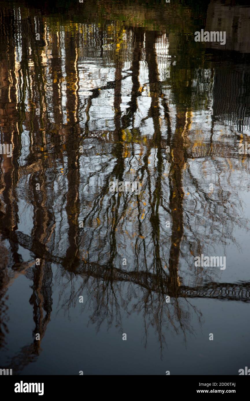 Hackney, Londra 2020 novembre durante la pandemia di Covid-19 (Coronavirus). Riflesso del gasometro ormai defunto nel canale del Reggente. Foto Stock