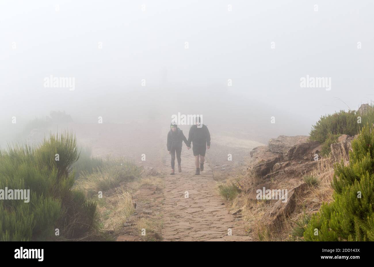 Due escursionisti nella nebbia a Pico do Arieriro in Madeira Foto Stock
