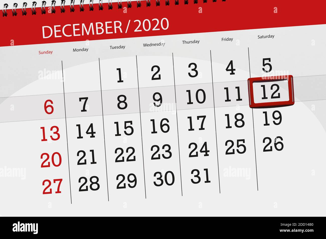 Calendario pianificatore per il mese dicembre 2020, data di scadenza, 12, sabato. Foto Stock