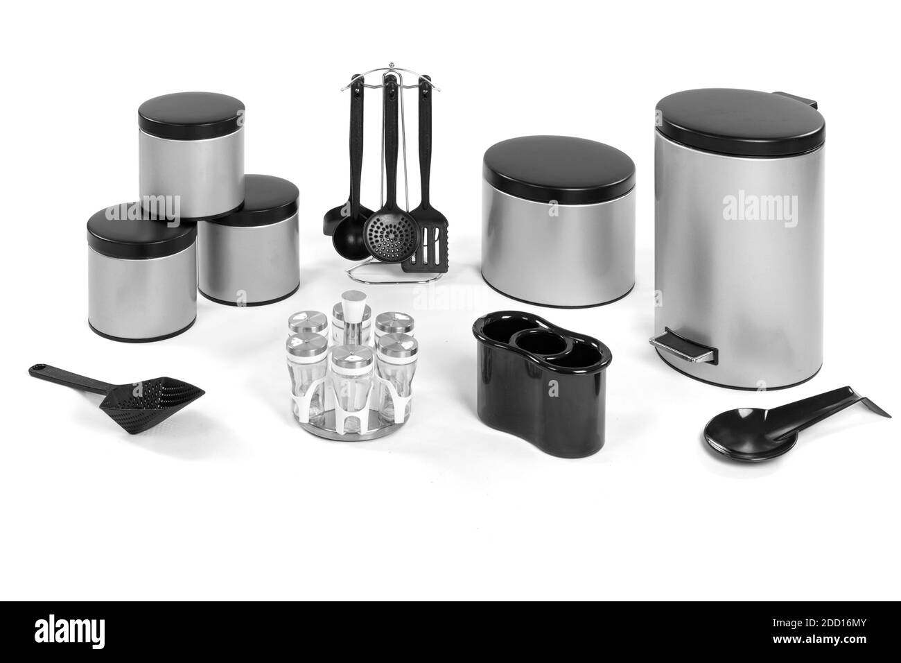 Set di utensili da cucina isolati su sfondo bianco Foto Stock