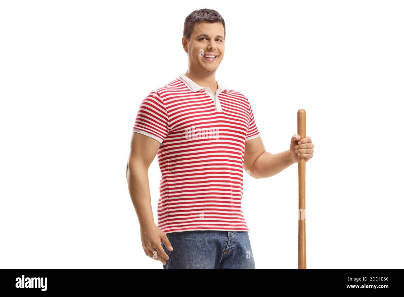 Giovane uomo con un bastone di legno isolato su sfondo bianco Foto Stock