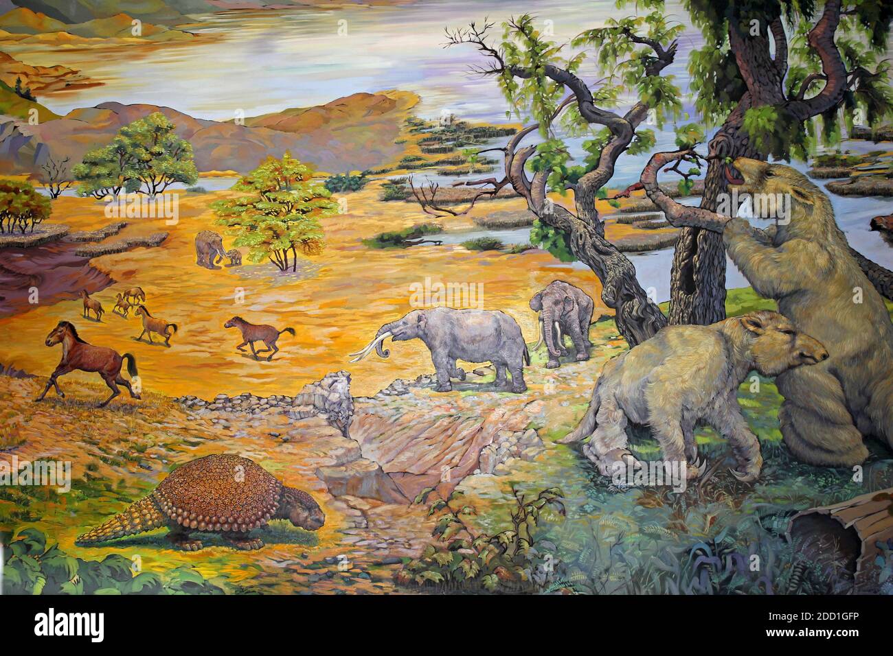 Pleistocene Magafauna compresi i brodi giganti Megatherium americanum e Mastodonts Cuvieronius hyodon, clavipes di glyptodon Foto Stock