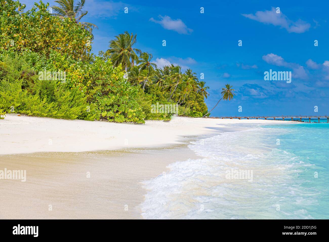Incredibile paesaggio di viaggio, spiaggia tropicale scena, mare blu mozzafiato, palme, sabbia bianca. Esotico viaggio di lusso destinazione di vacanza, relax vista. Foto Stock