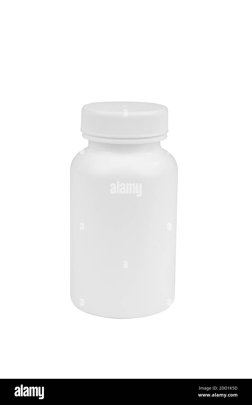Flacone in plastica senza etichetta su sfondo bianco Foto Stock