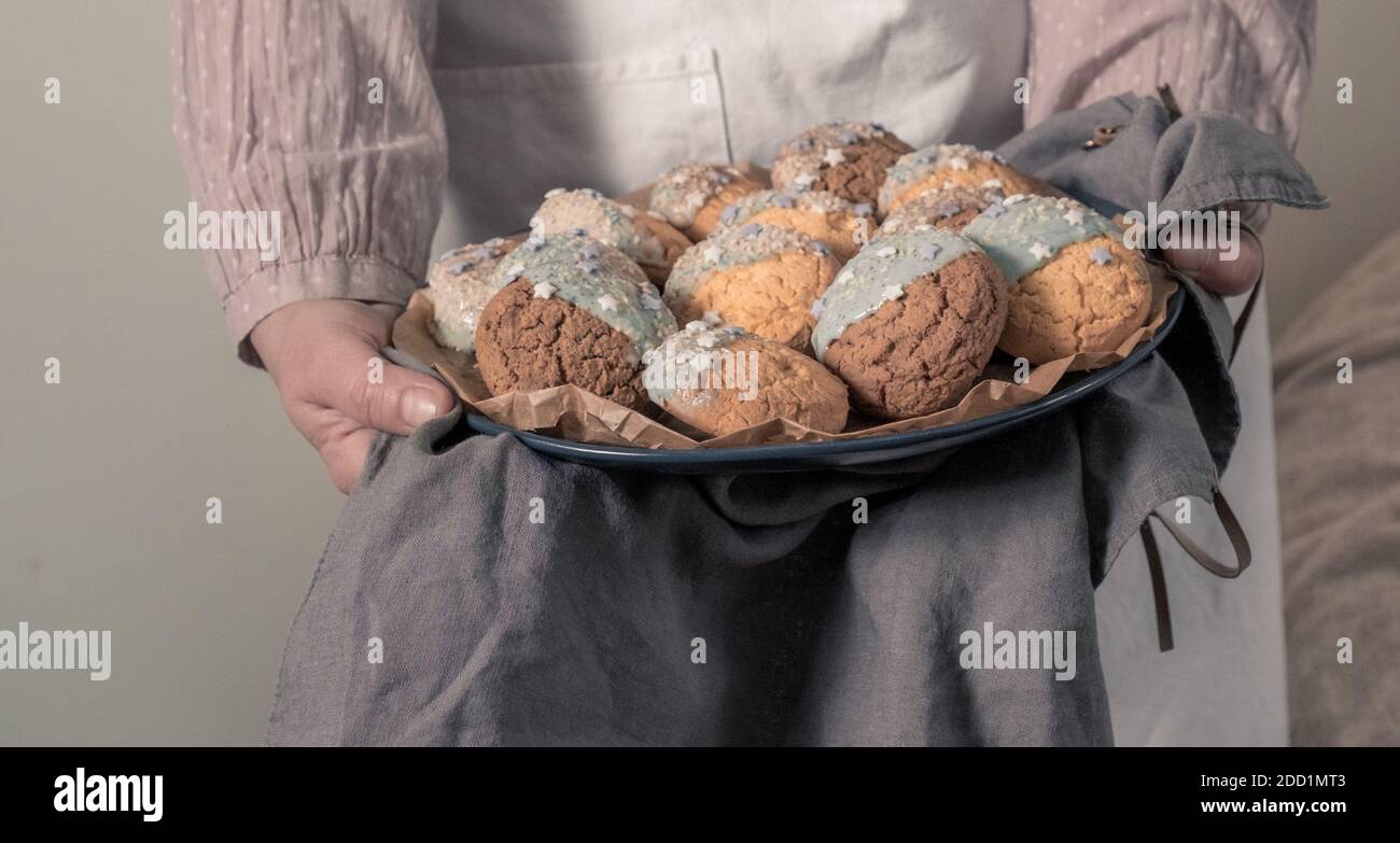 Mani femminili che tengono un piatto con biscotti per il partito dell'acquazzone del bambino. Foto Stock