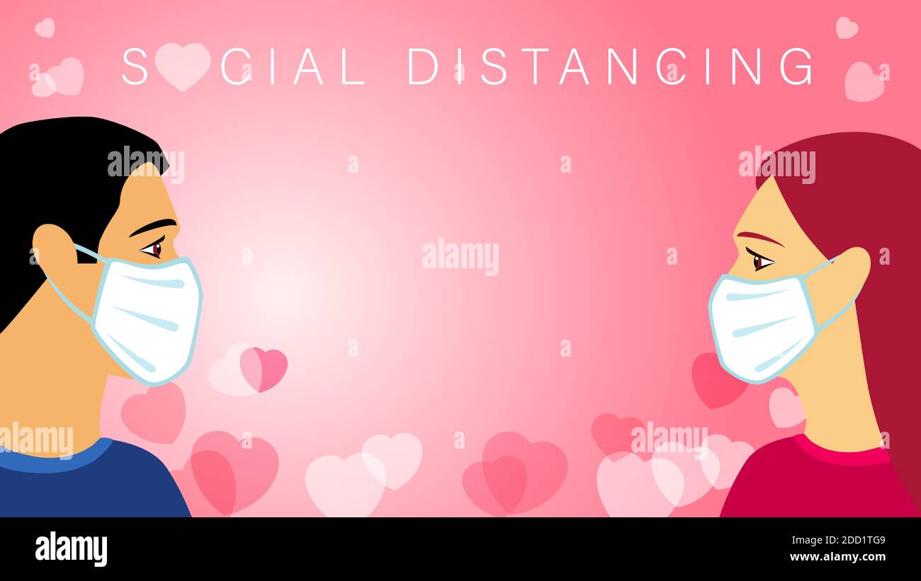 Giorno di San Valentino concetto di divaricamento sociale con uomini e donne in maschera medica. Buon`s banner di San Valentino con persone su cuori rosa e bianchi Illustrazione Vettoriale