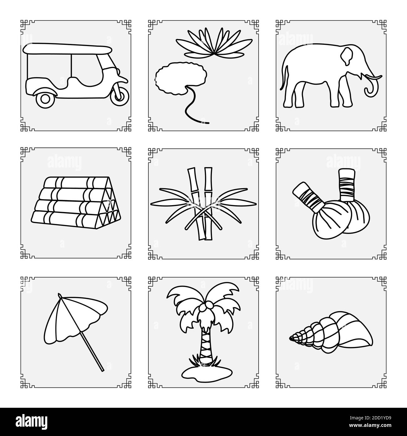 Set di simboli della Thailandia illustrazione vettoriale Umbrella, conchiglia, palma, giglio, tuk-tuk, elefante, bambù, bustine di erbe per il massaggio, cuscino. Vacanza. TR Illustrazione Vettoriale