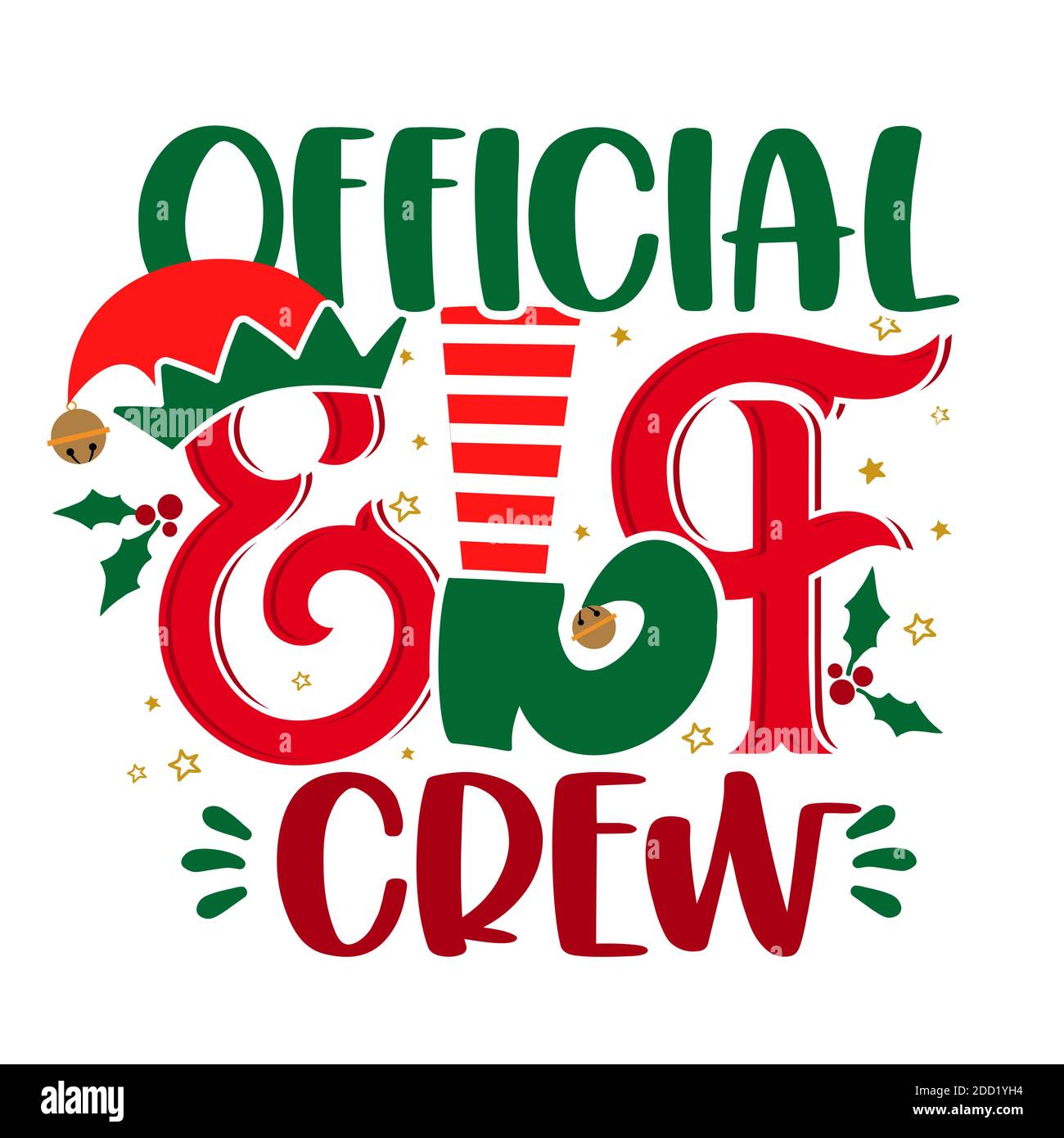 Ufficiale elfo Crew - frase per Natale bambino / vestiti capretto o brutto pullover. Lettere disegnate a mano per biglietti d'auguri natalizi, inviti. Ottimo per t-s. Illustrazione Vettoriale